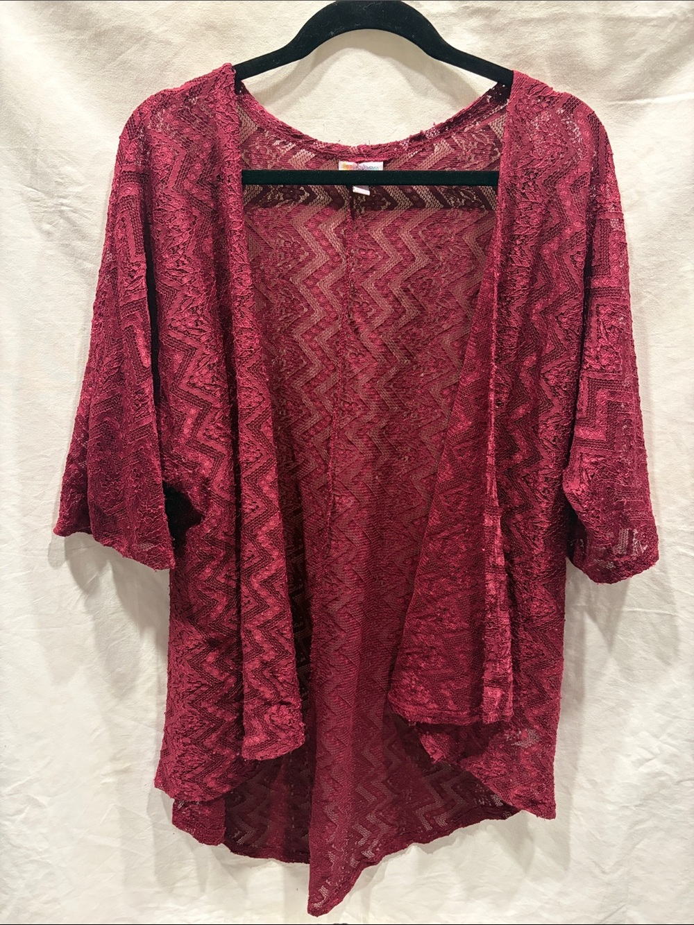 LuLaRoe Lace Zigzag Open-Front Kimono - Berry